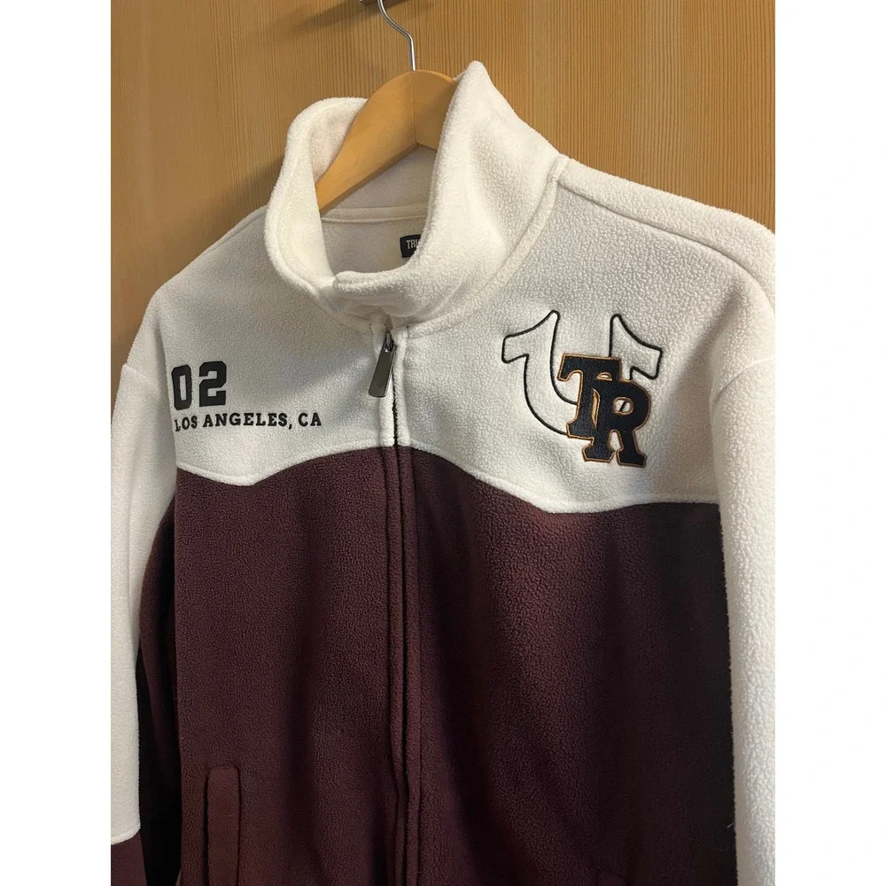 True Religion Fleece Track Jacket Mens Medium Burgundy Cream Colorblock Zip Up